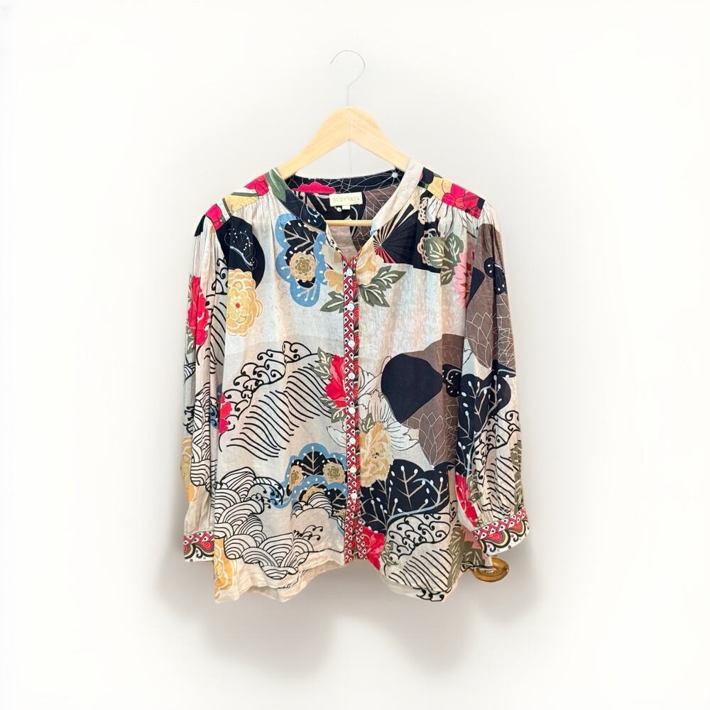 Rubyyaya Top Womens L Multicolor Zen Print Rhinestone Boho Resort Volume Sleeve